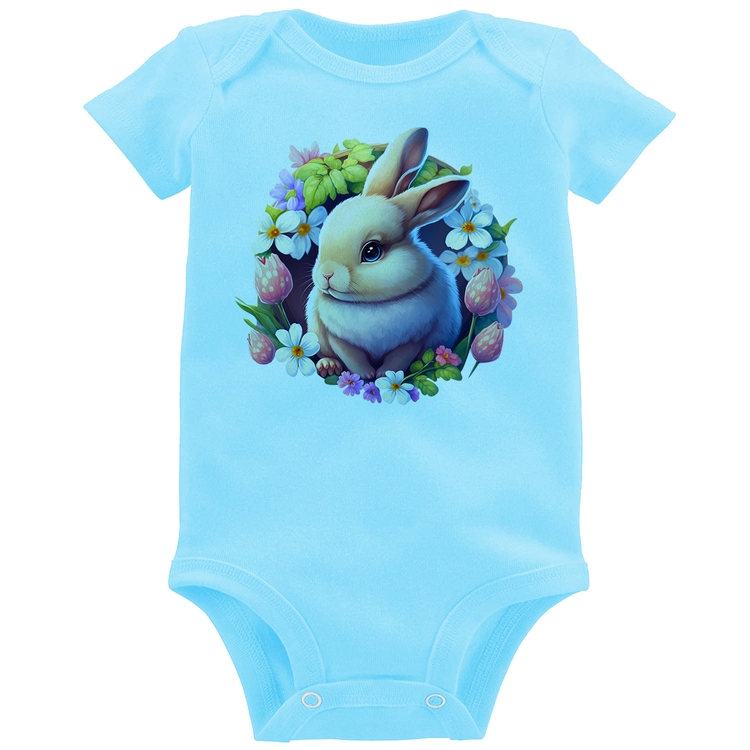 Body Bebê Coelhinho e flores - Azul Bebê