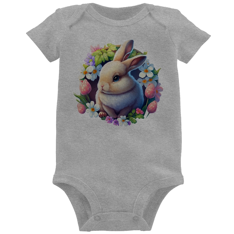 Body Bebê Coelhinho e flores - Cinza
