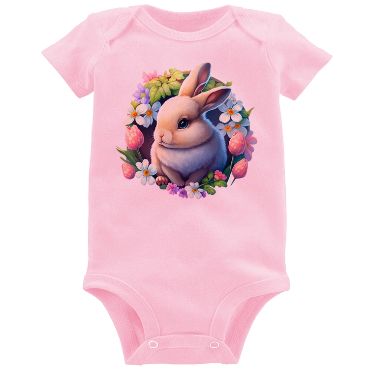 Body Bebê Coelhinho e flores - Rosa Bebê