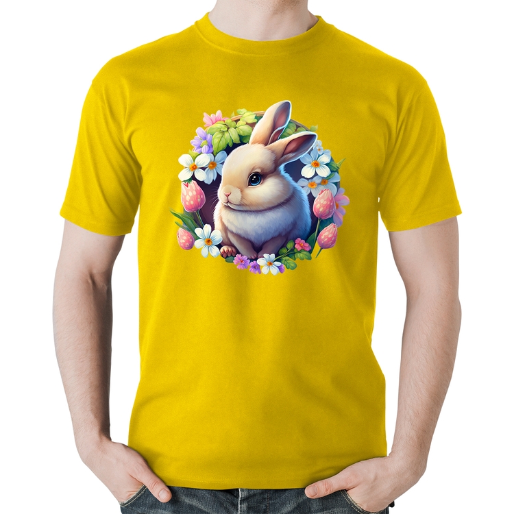 Camiseta Algodão Coelhinho e flores - Amarela