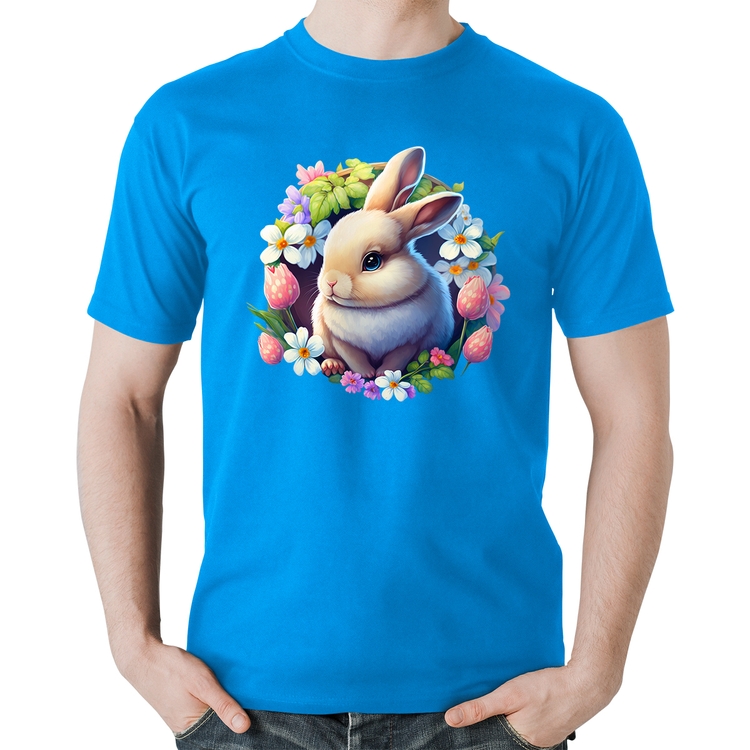 Camiseta Algodão Coelhinho e flores - Azul