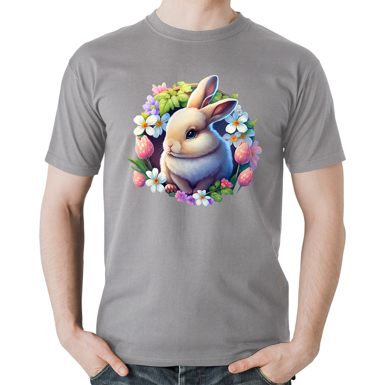 Camiseta Algodão Coelhinho e flores - Cinza