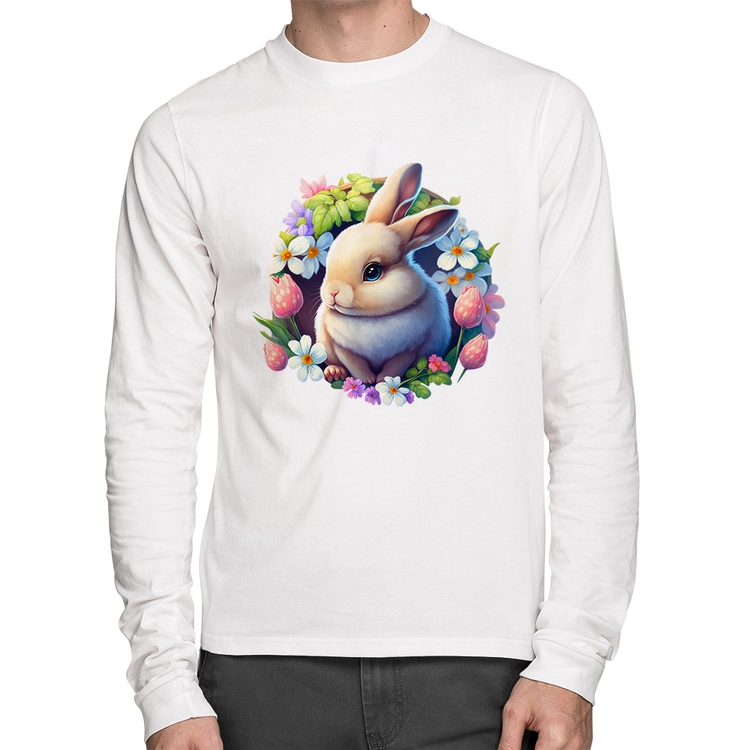 Camiseta Algodão Coelhinho e flores Manga Longa - Branca