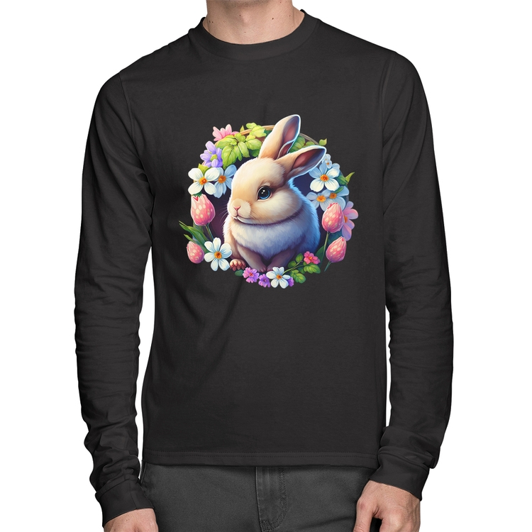 Camiseta Algodão Coelhinho e flores Manga Longa