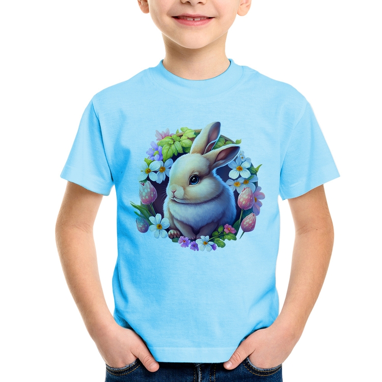 Camiseta Infantil Coelhinho e flores - Azul Bebê