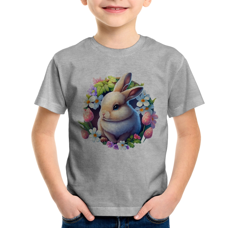 Camiseta Infantil Coelhinho e flores - Cinza