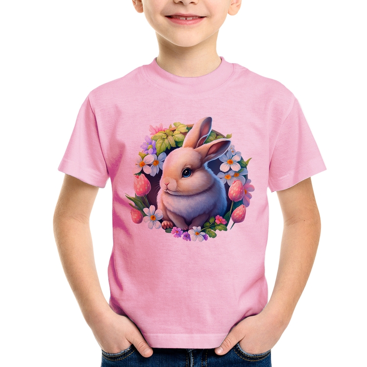 Camiseta Infantil Coelhinho e flores - Rosa Bebê