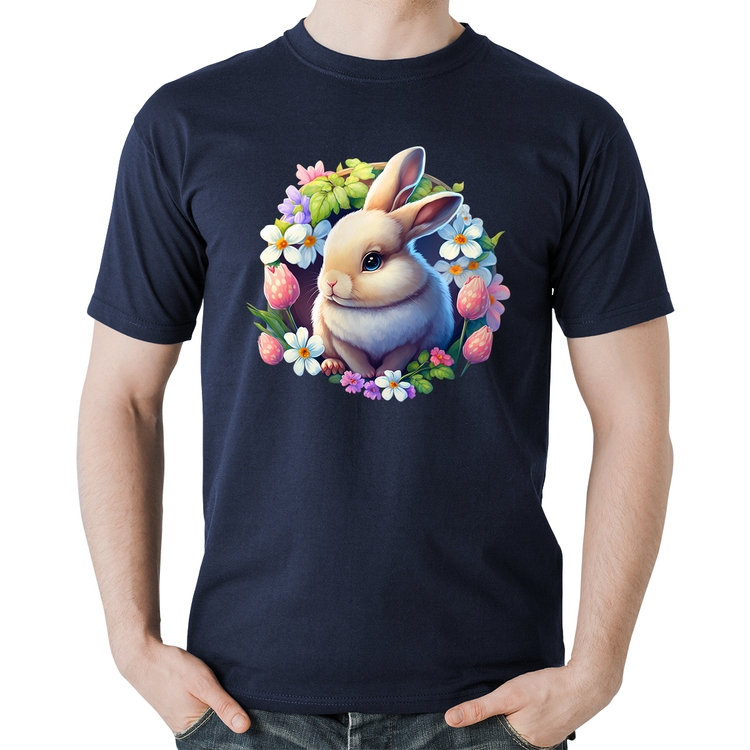 Camiseta Algodão Coelhinho e flores - Marinho