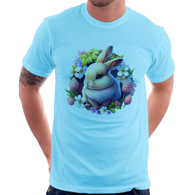 Camiseta Coelhinho e flores - Azul Bebê