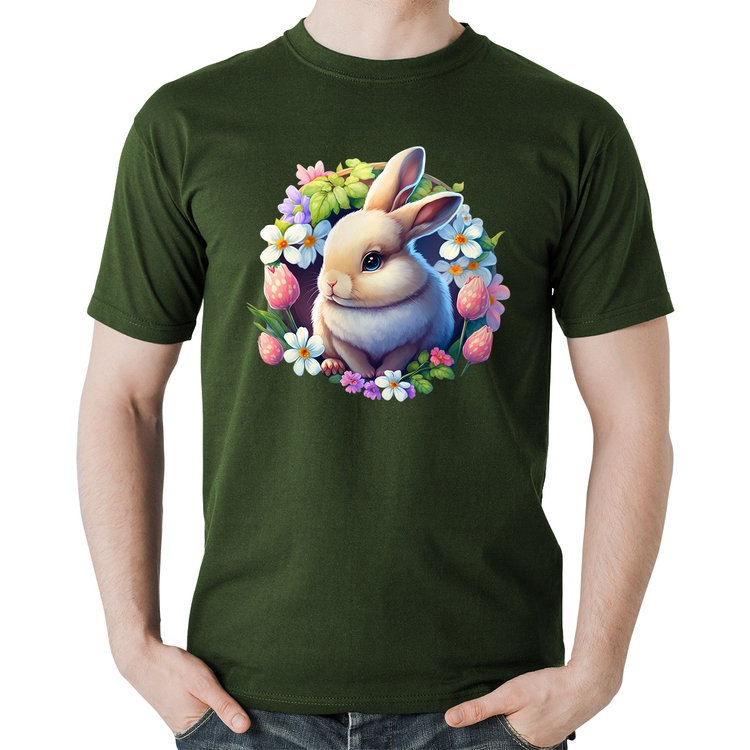 Camiseta Algodão Coelhinho e flores - Musgo