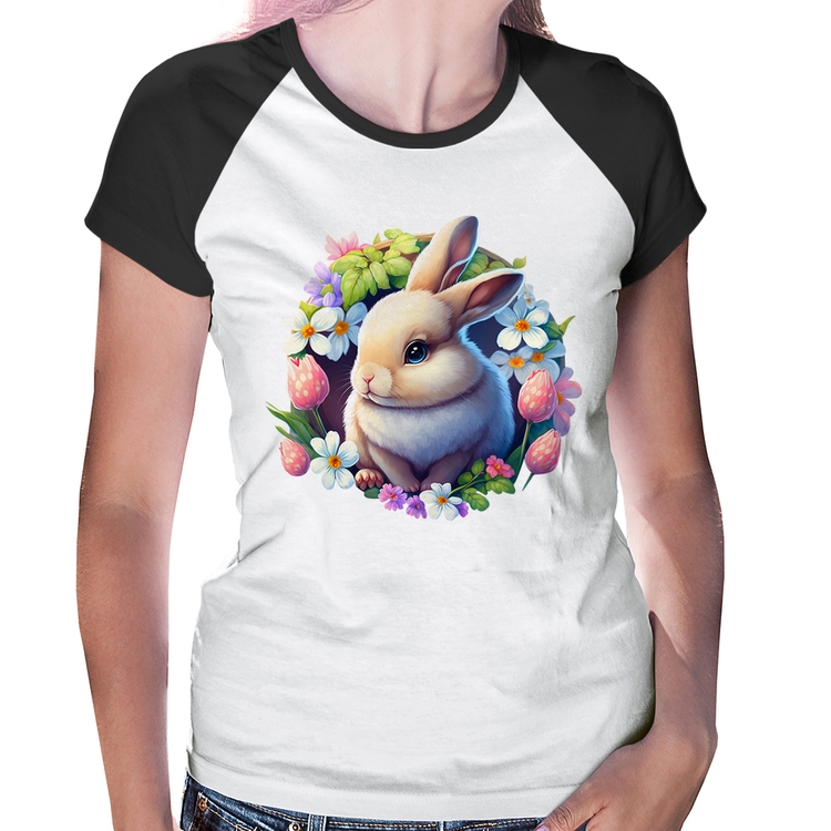 Baby Look Raglan Coelhinho e flores