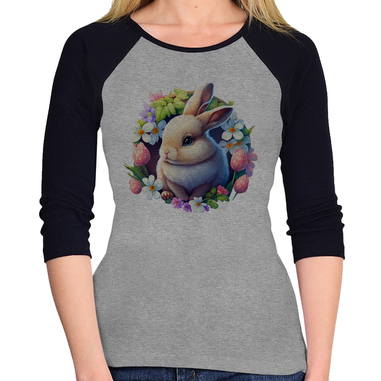 Baby Look Raglan Coelhinho e flores Manga 3/4 - Cinza/Preto