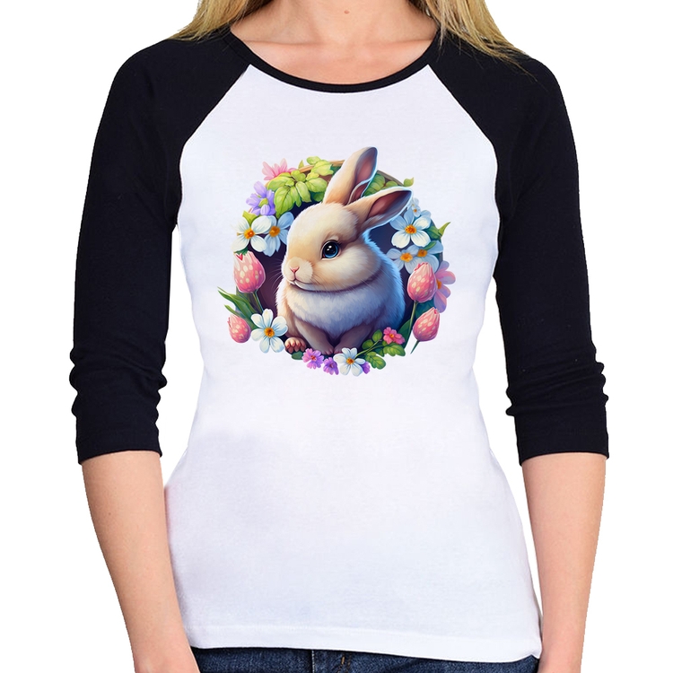 Baby Look Raglan Coelhinho e flores Manga 3/4