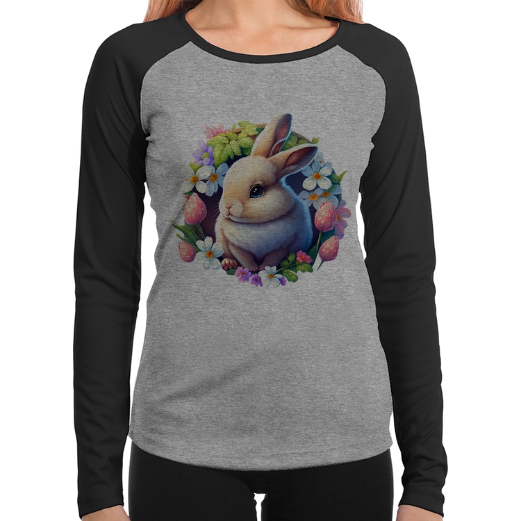 Baby Look Raglan Coelhinho e flores Manga Longa - Cinza/Preto
