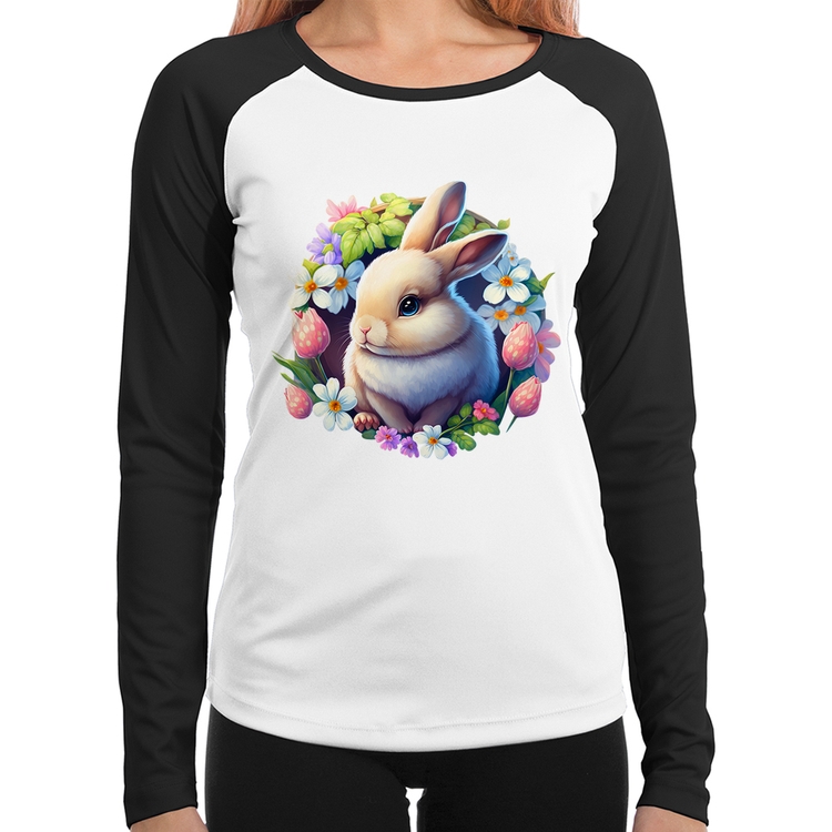 Baby Look Raglan Coelhinho e flores Manga Longa