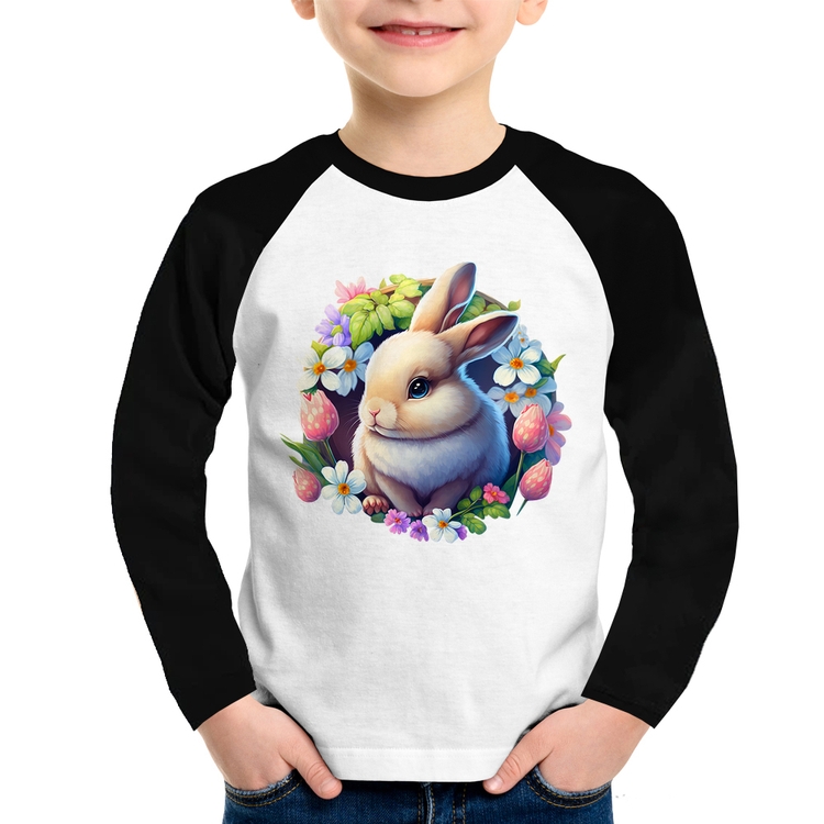 Camiseta Raglan Infantil Coelhinho e flores Manga Longa
