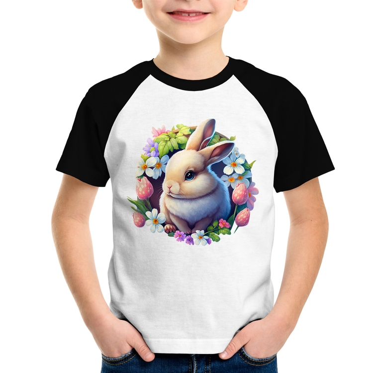 Camiseta Raglan Infantil Coelhinho e flores