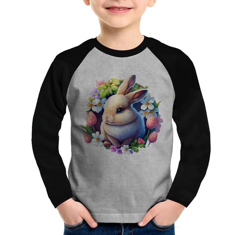 Camiseta Raglan Infantil Coelhinho e flores Manga Longa - Cinza/Preto