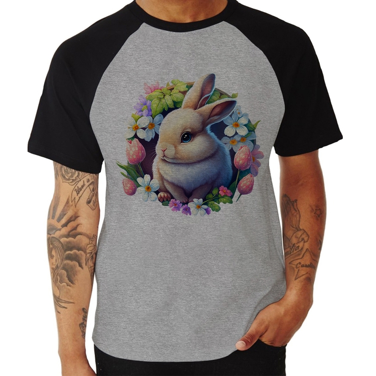 Camiseta Raglan Coelhinho e flores - Cinza/Preto