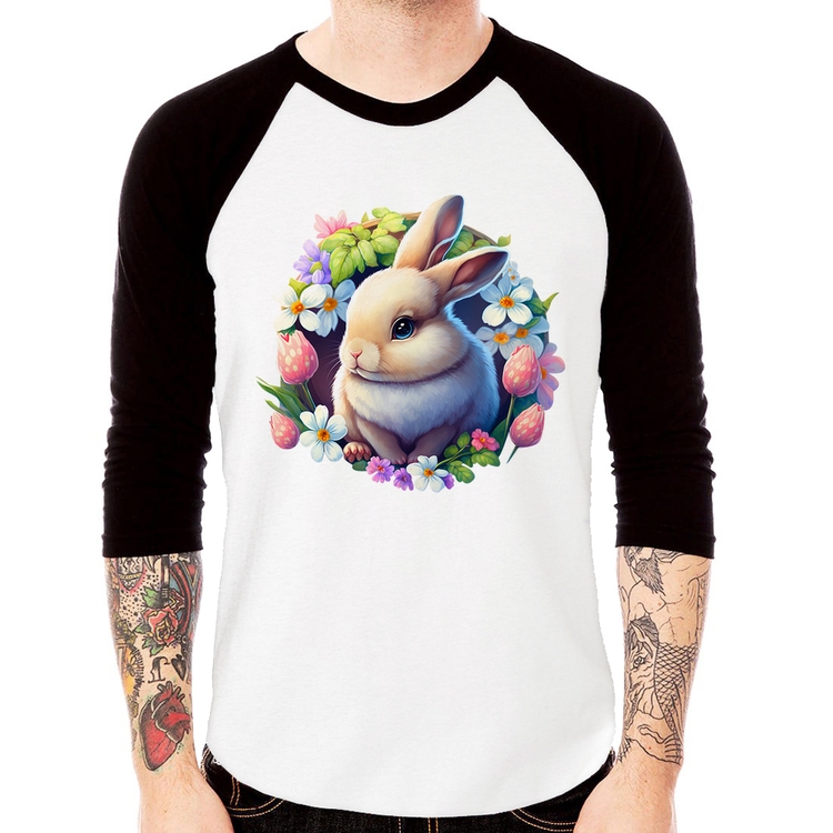 Camiseta Raglan Coelhinho e flores Manga 3/4