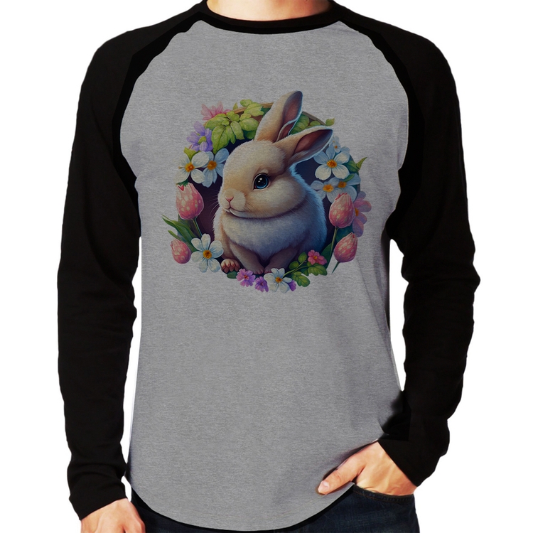 Camiseta Raglan Coelhinho e flores Manga Longa - Cinza/Preto