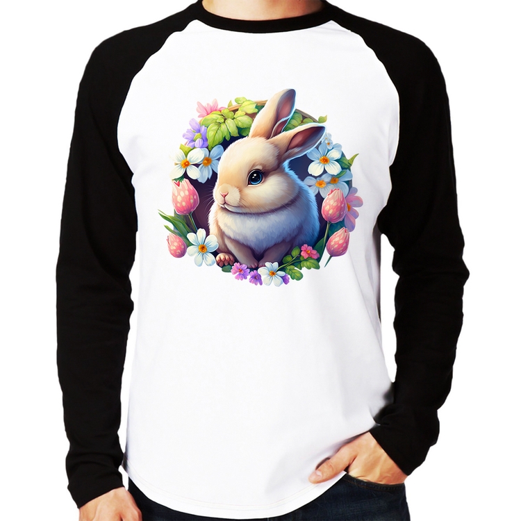 Camiseta Raglan Coelhinho e flores Manga Longa