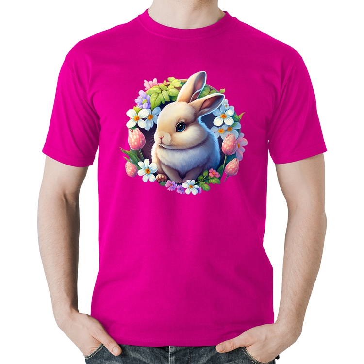 Camiseta Algodão Coelhinho e flores - Rosa
