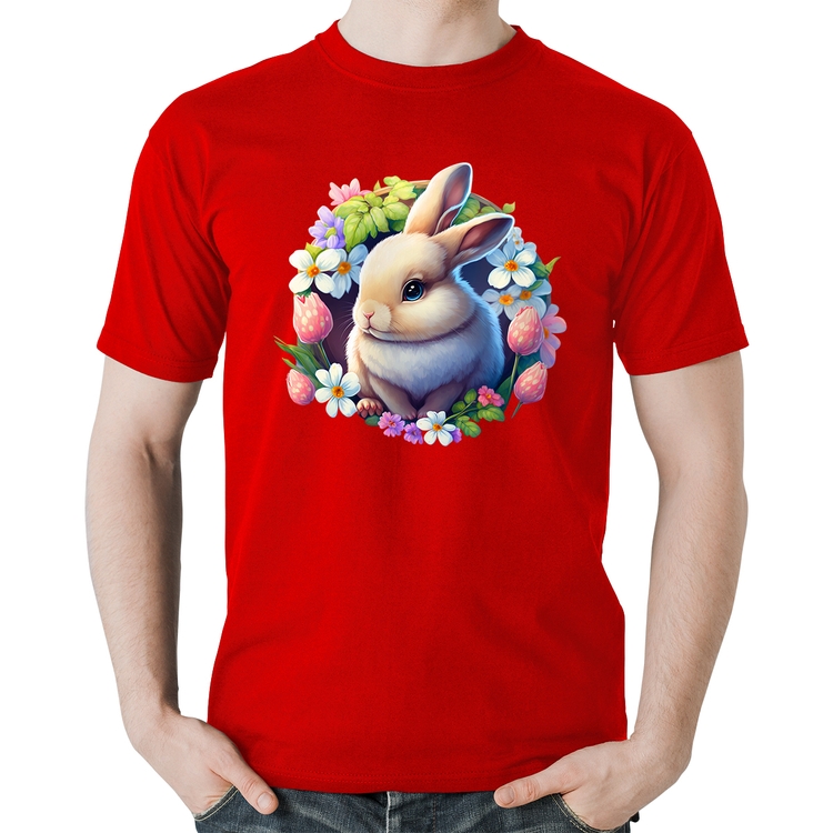 Camiseta Algodão Coelhinho e flores - Vermelha