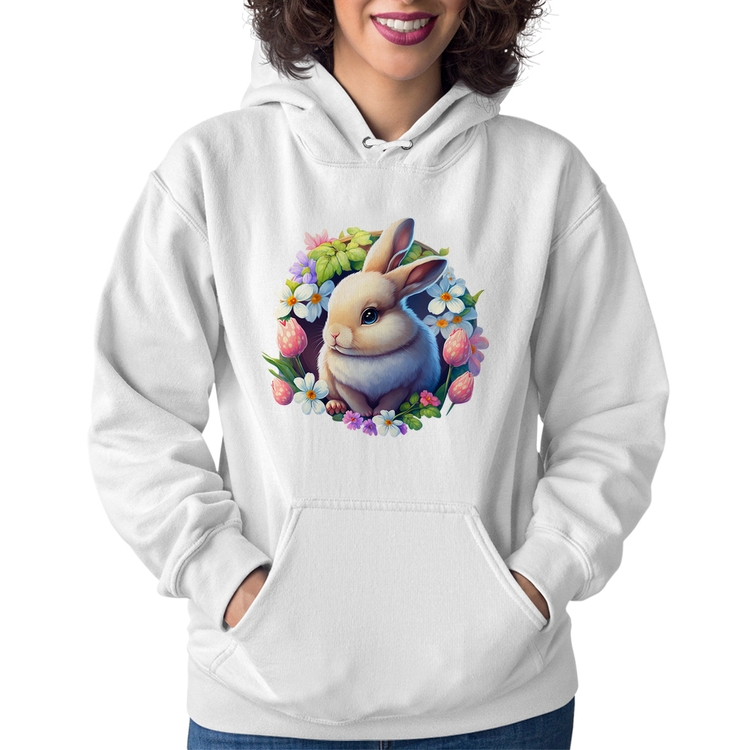 Moletom Feminino Coelhinho e flores - Branco
