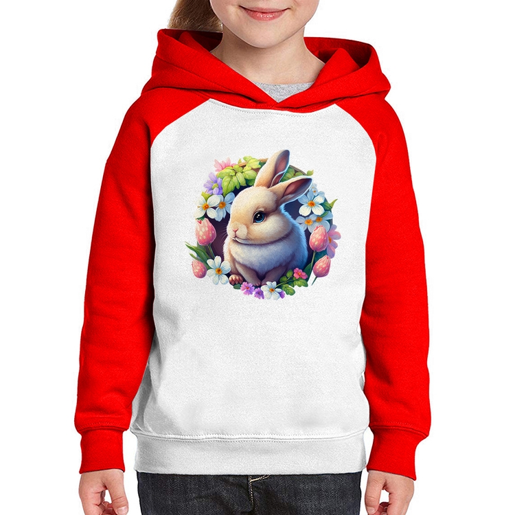 Moletom Infantil Coelhinho e flores - Branco/Vermelho