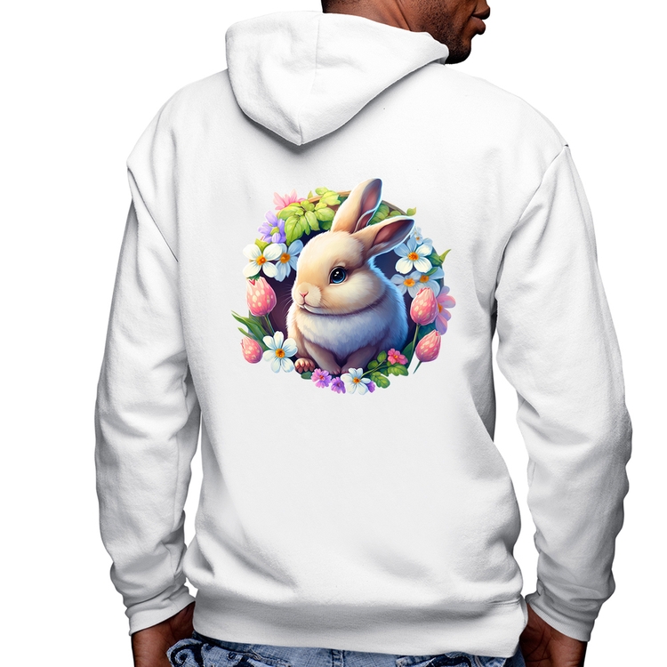 Blusa Moletom Coelhinho e flores Masculina com Capuz e Zíper - Branca