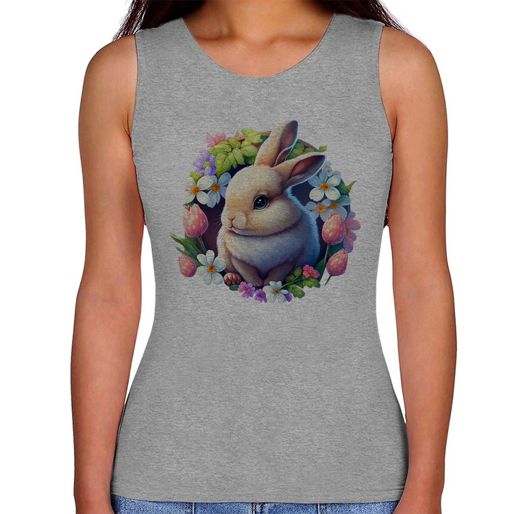 Regata Feminina Coelhinho e flores - Cinza