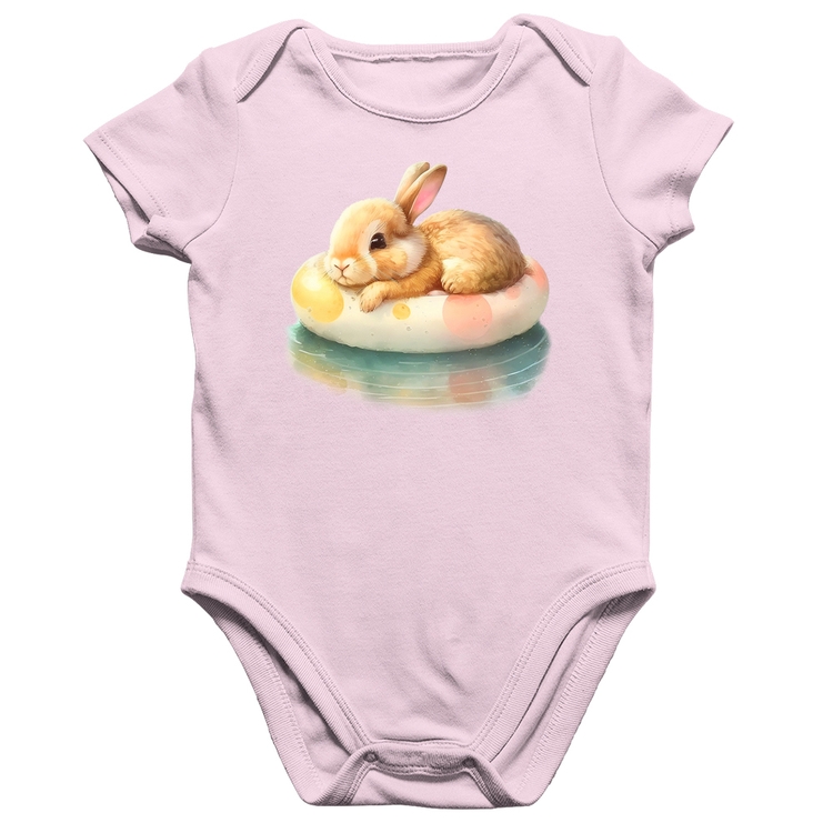 Body Bebê Algodão Coelhinho Relaxando Na Piscina  - Rosa Bebê