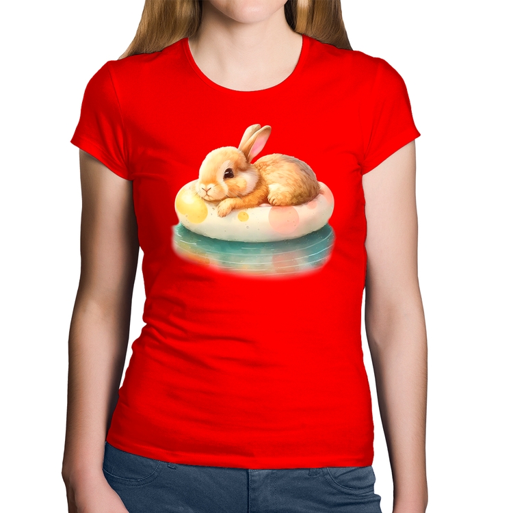 Baby Look Algodão Coelhinho Relaxando Na Piscina  - Vermelha