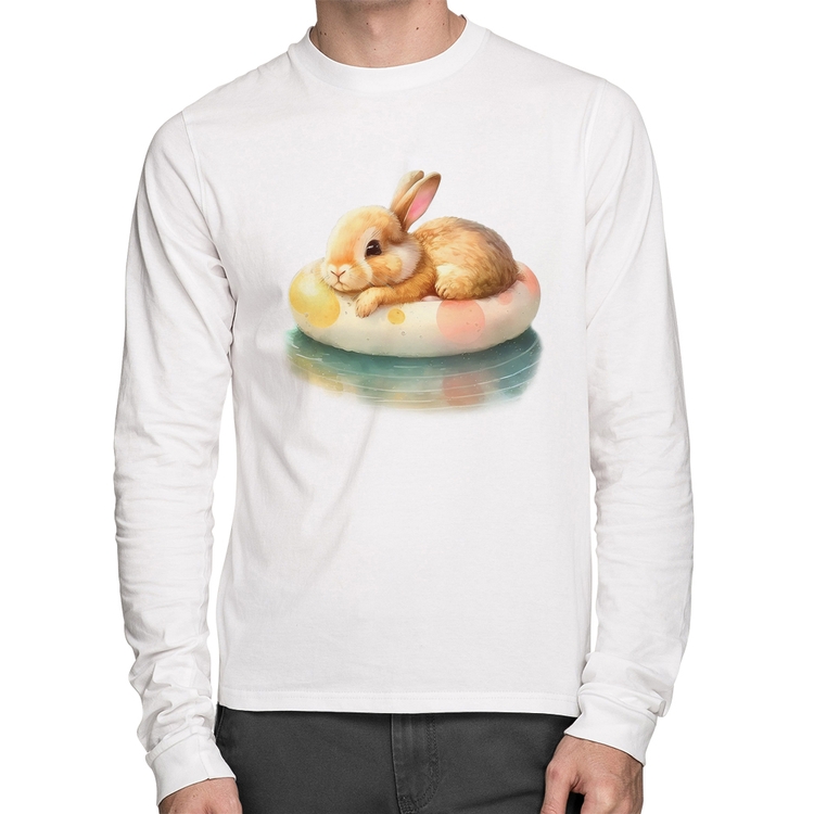 Camiseta Algodão Coelhinho Relaxando Na Piscina  Manga Longa - Branca