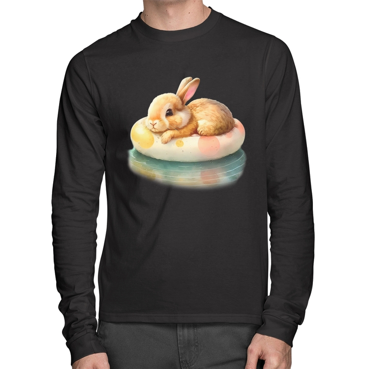 Camiseta Algodão Coelhinho Relaxando Na Piscina  Manga Longa