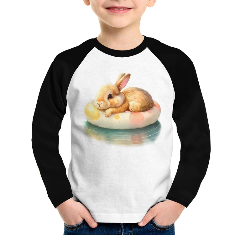 Camiseta Raglan Infantil Coelhinho Relaxando Na Piscina  Manga Longa
