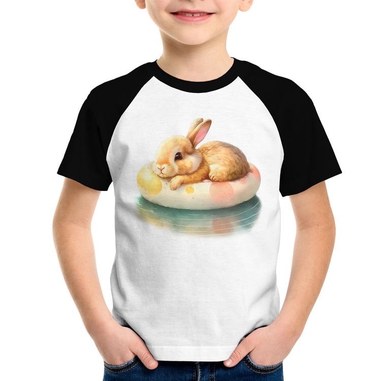 Camiseta Raglan Infantil Coelhinho Relaxando Na Piscina 