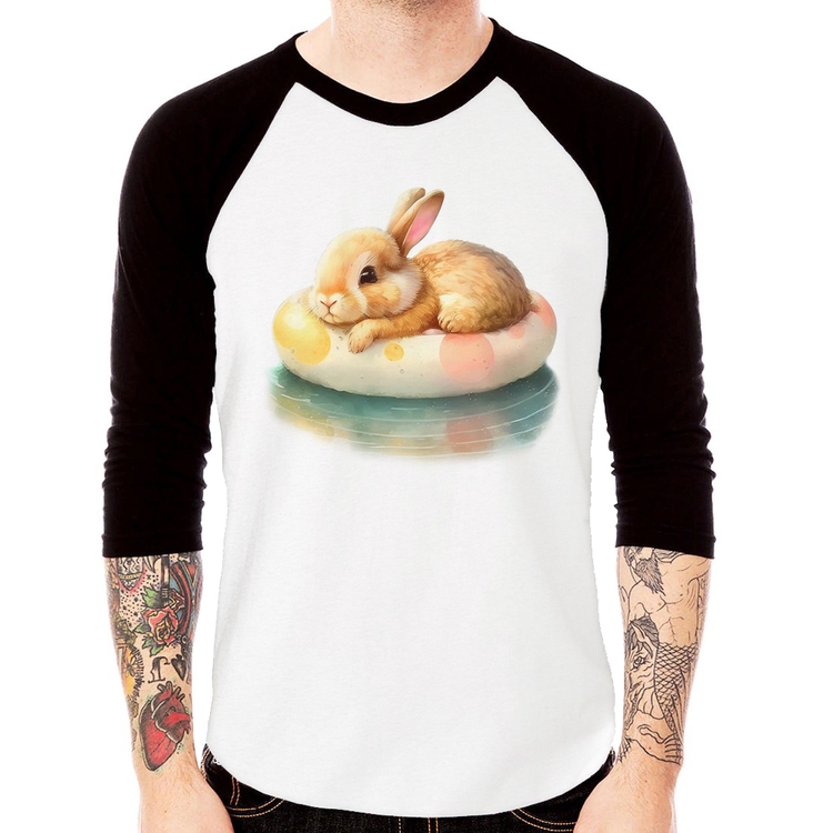 Camiseta Raglan Coelhinho Relaxando Na Piscina  Manga 3/4