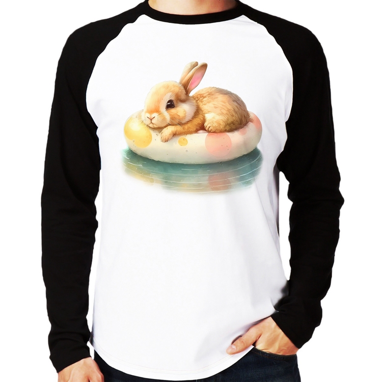 Camiseta Raglan Coelhinho Relaxando Na Piscina  Manga Longa