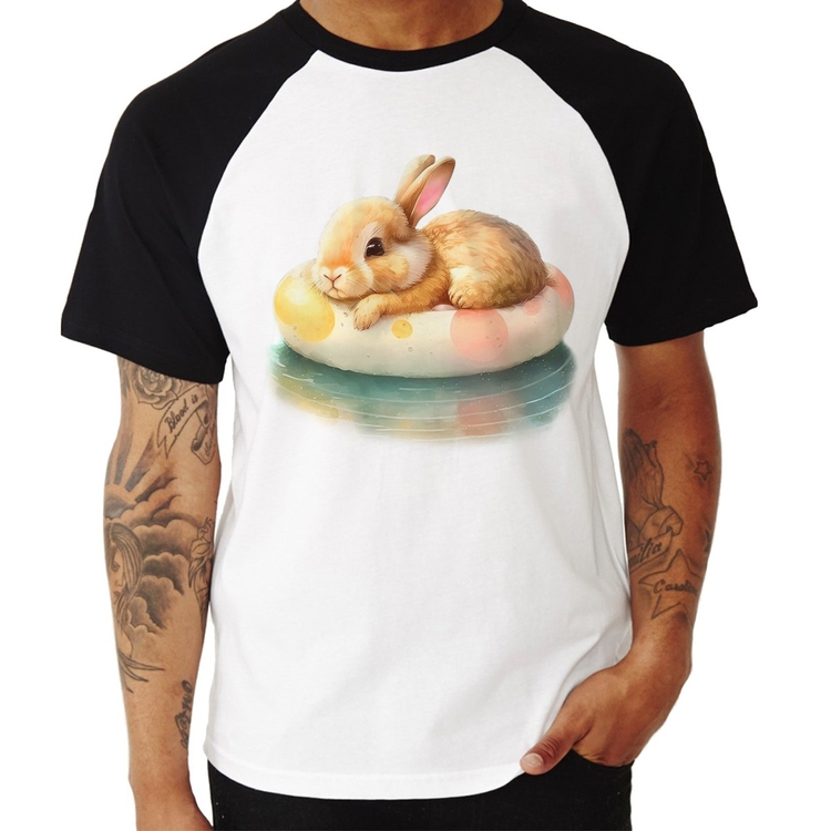 Camiseta Raglan Coelhinho Relaxando Na Piscina 