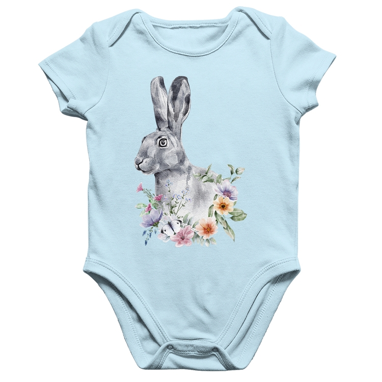 Body Bebê Algodão Coelho Flores - Azul Bebê
