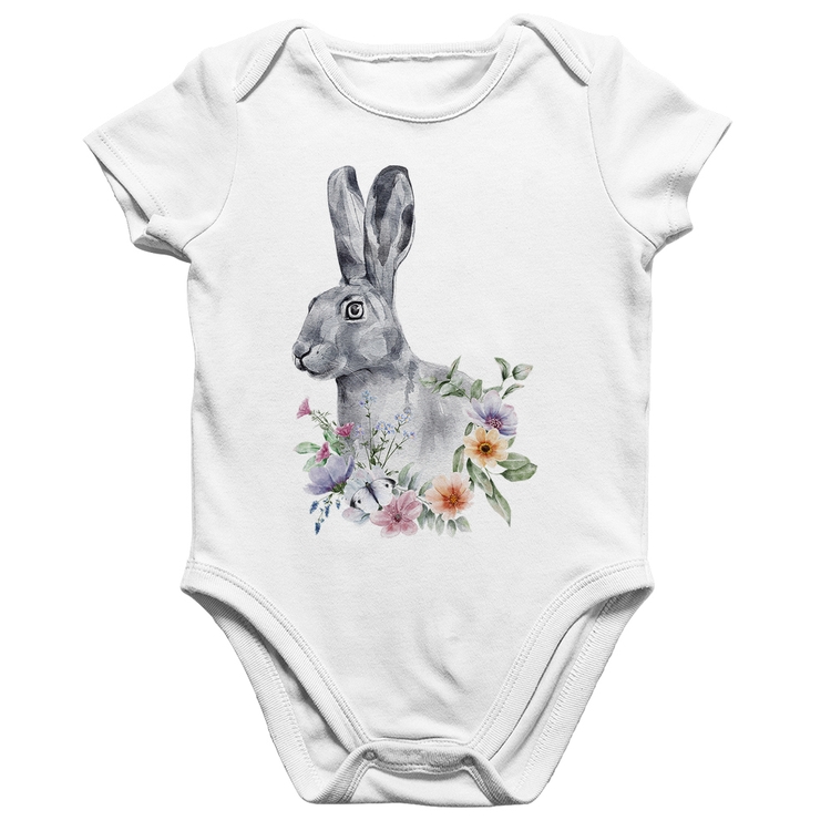Body Bebê Algodão Coelho Flores - Branco