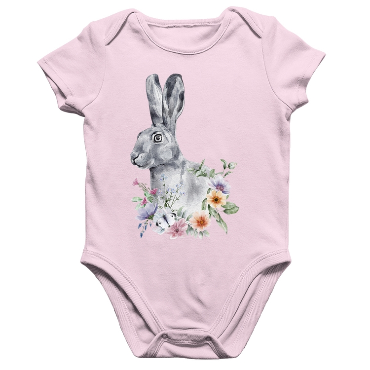 Body Bebê Algodão Coelho Flores - Rosa Bebê