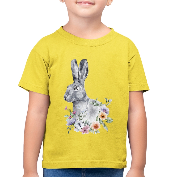 Camiseta Algodão Infantil Coelho Flores - Amarelo Canário