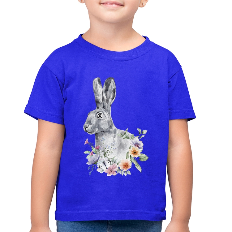 Camiseta Algodão Infantil Coelho Flores - Azul Royal