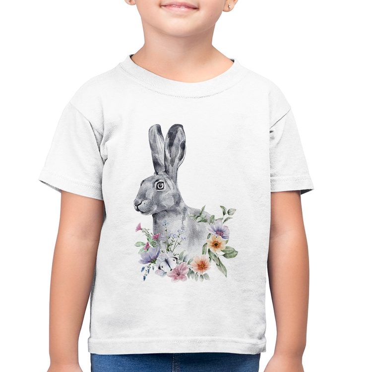 Camiseta Algodão Infantil Coelho Flores - Branca
