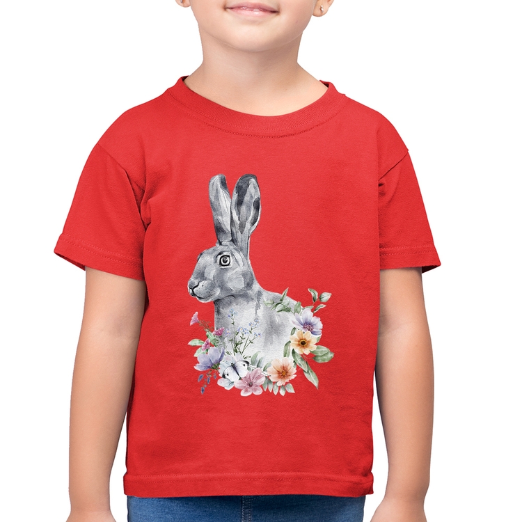 Camiseta Algodão Infantil Coelho Flores - Vermelha
