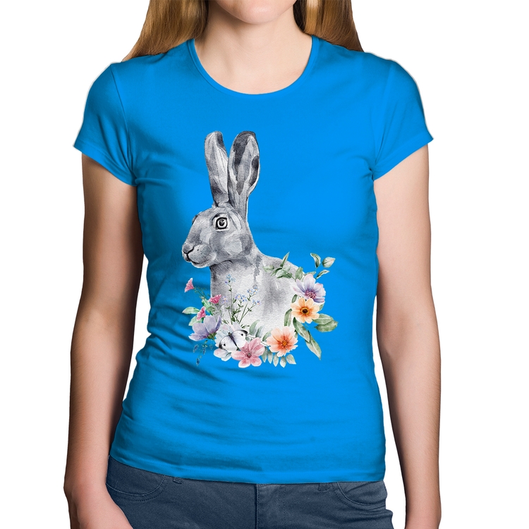 Baby Look Algodão Coelho Flores - Azul