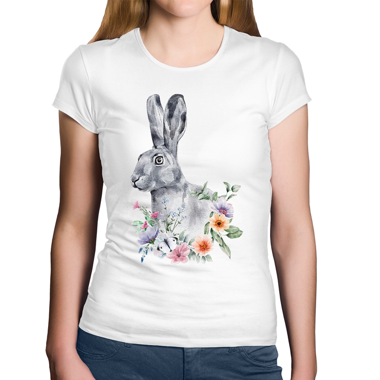 Baby Look Algodão Coelho Flores - Branca